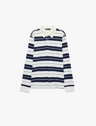 Polo Yaka Düğmeli Uzun Kollu Çizgili Sweatshirt