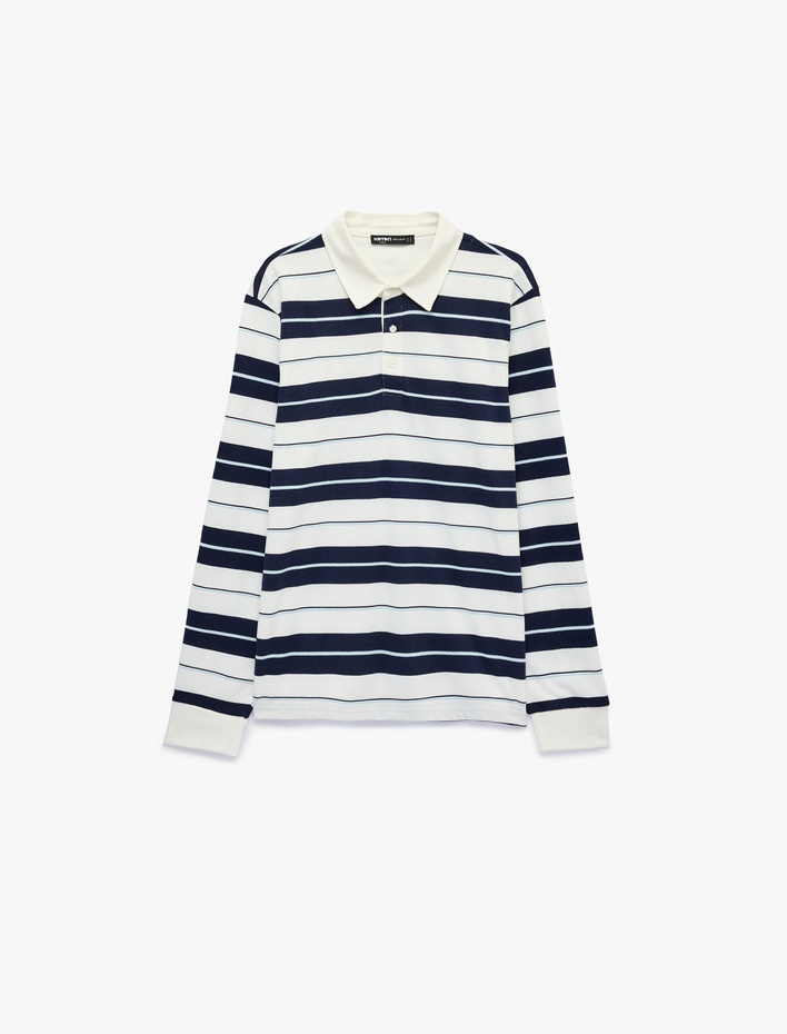  Polo Yaka Düğmeli Uzun Kollu Çizgili Sweatshirt