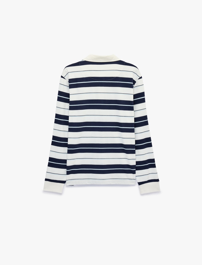  Polo Yaka Düğmeli Uzun Kollu Çizgili Sweatshirt