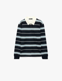 Düğmeli Polo Yaka Uzun Kollu Çizgili Sweatshirt