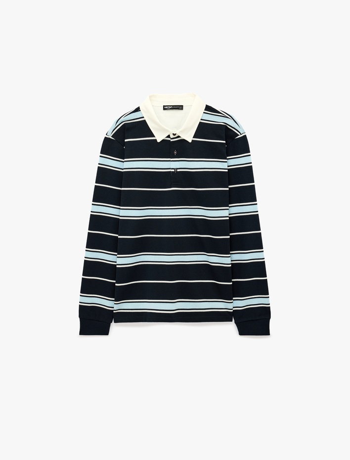  Düğmeli Polo Yaka Uzun Kollu Çizgili Sweatshirt