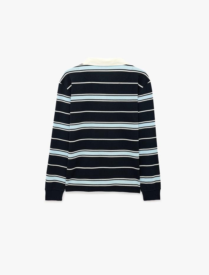  Düğmeli Polo Yaka Uzun Kollu Çizgili Sweatshirt