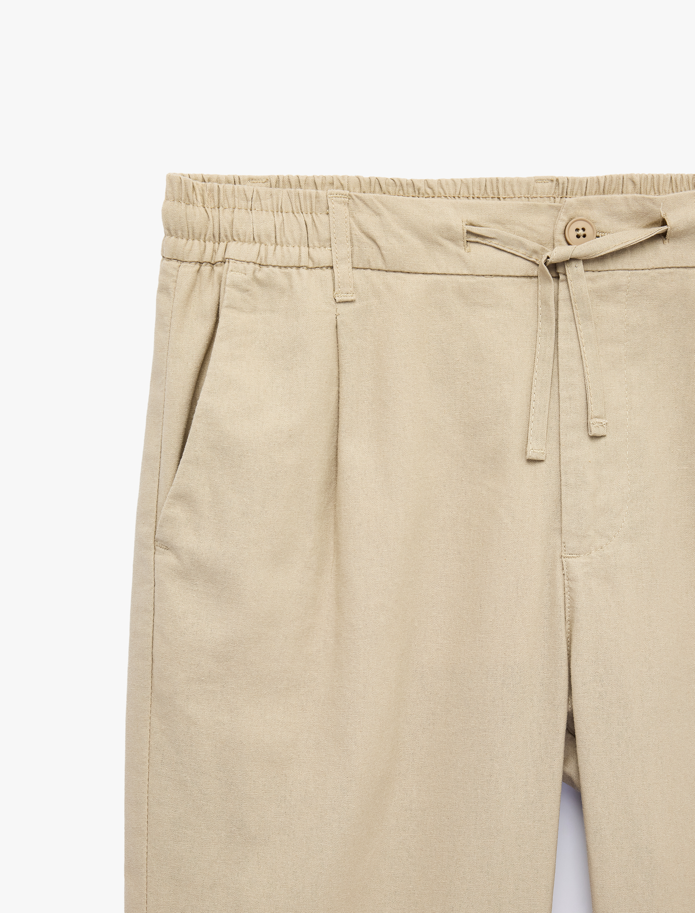   Slim Fit Cepli Pileli Keten Karışımlı Düğmeli Beli Lastikli Bağcıklı Pantolon