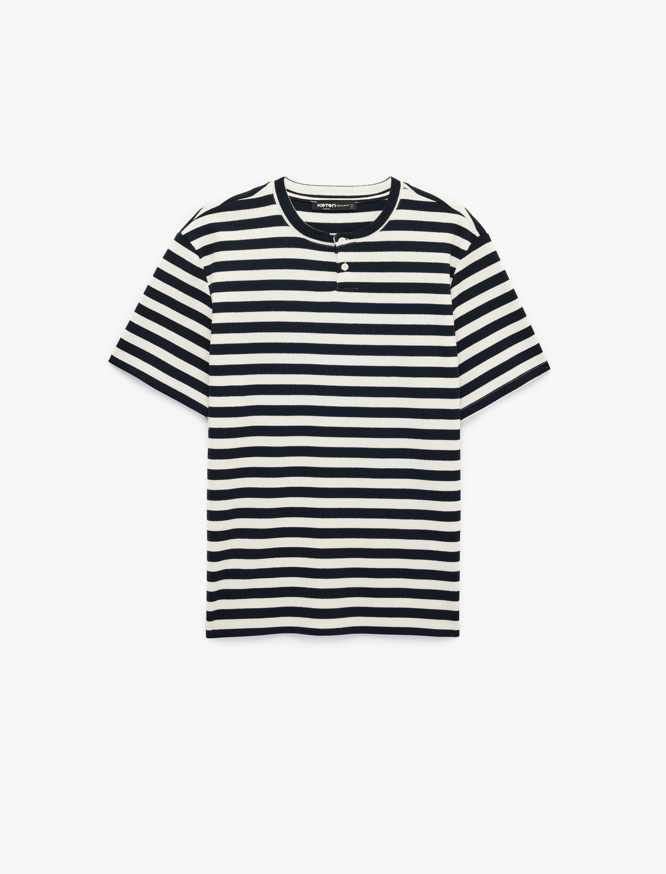   Regular Fit Kısa Kollu Düğmeli Henley Yaka Çizgili Tişört