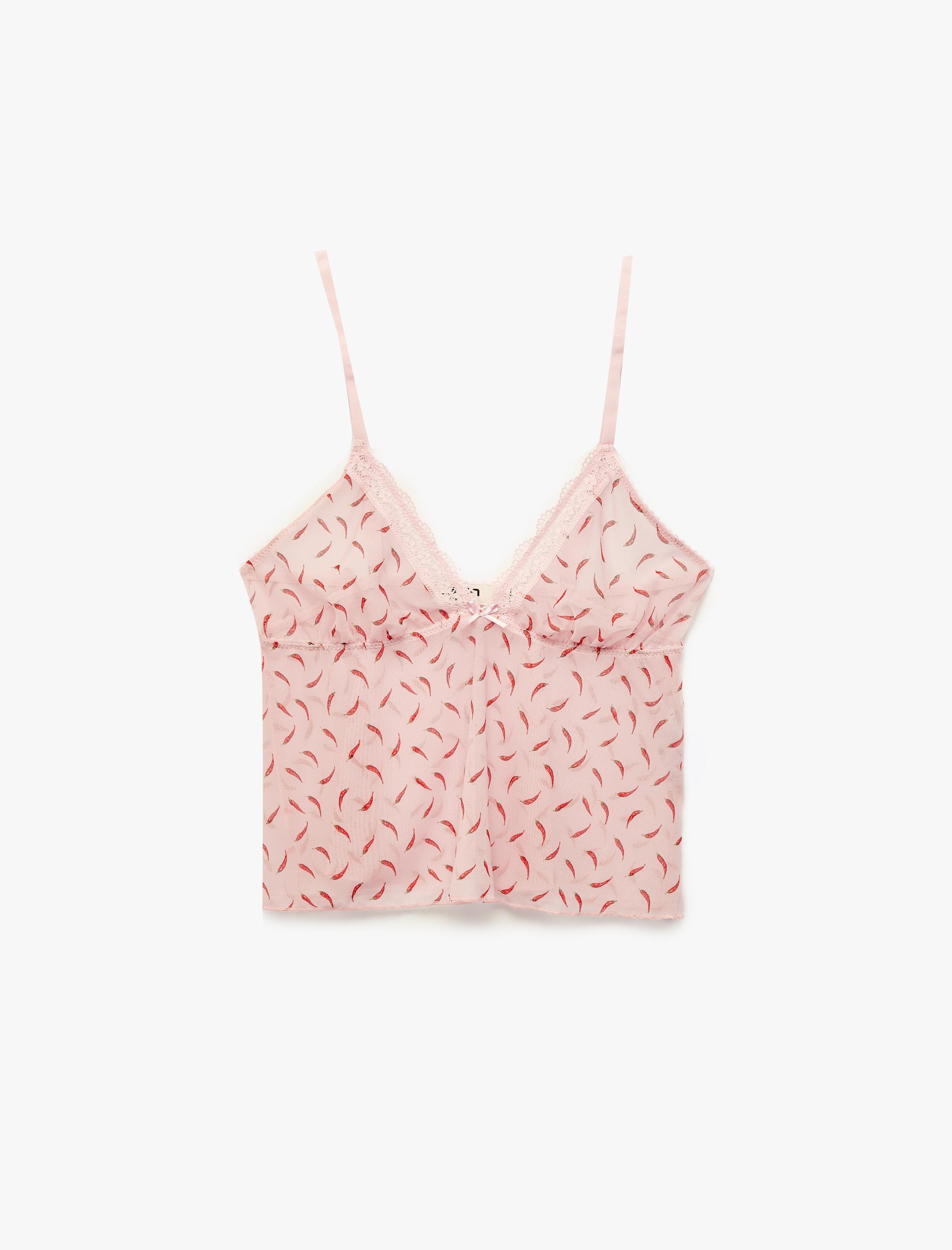   Dantel Detaylı Fiyonklu İnce Askılı Pijama Üstü