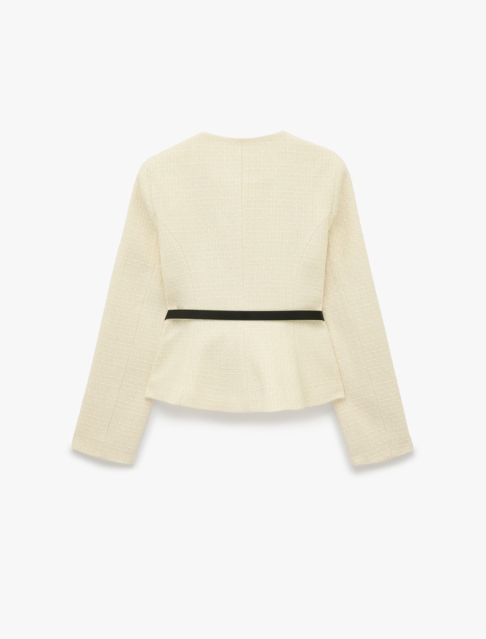 Slim Fit Asimetrik Bisiklet Yaka Kemerli Peplum Tüvit Ceket