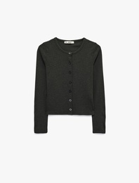 Slim Fit Uzun Kollu Bisiklet Yaka Düğmeli Triko Hırka