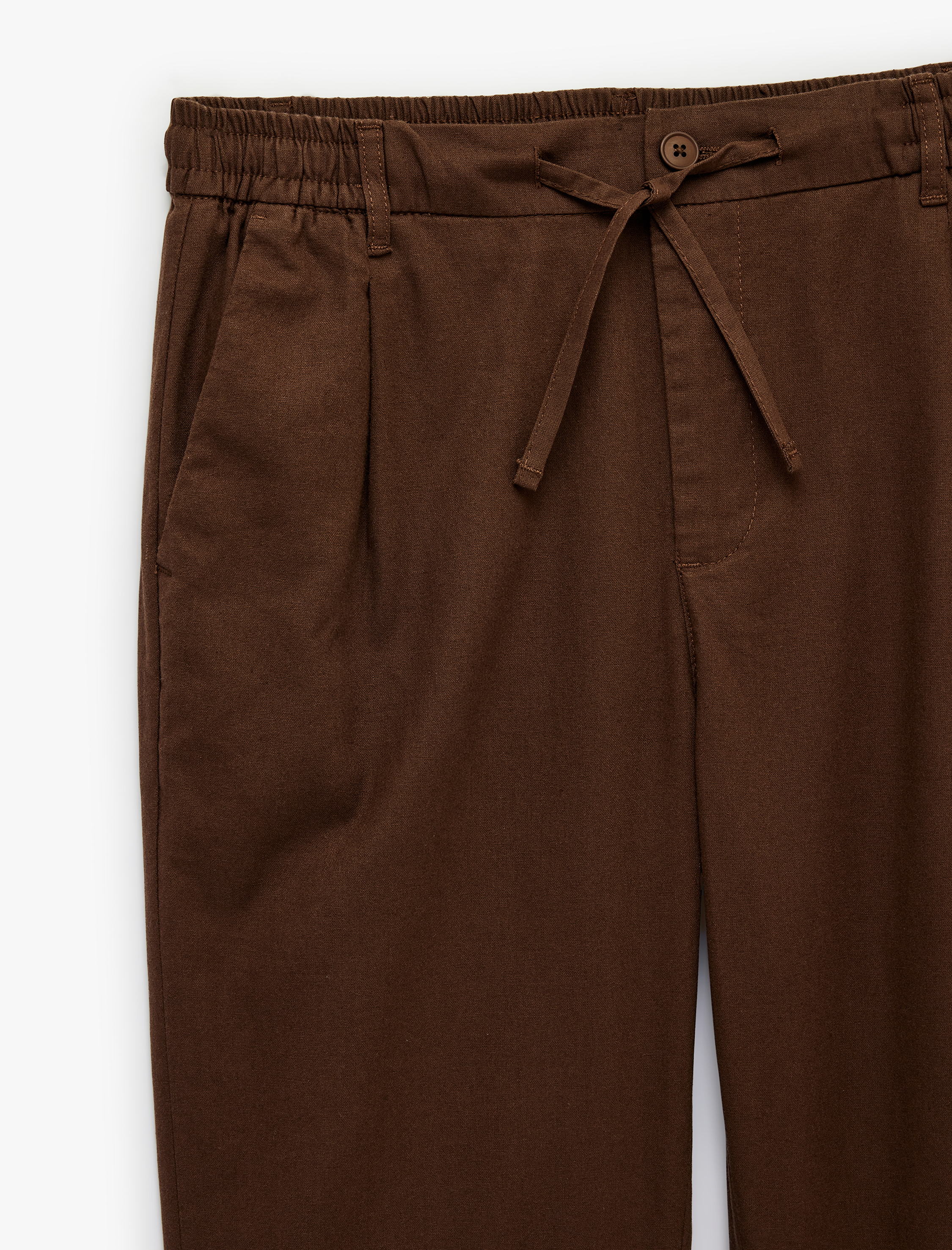   Slim Fit Cepli Pileli Keten Karışımlı Düğmeli Beli Lastikli Bağcıklı Pantolon