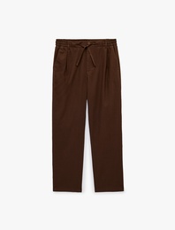 Slim Fit Cepli Pileli Keten Karışımlı Düğmeli Beli Lastikli Bağcıklı Pantolon