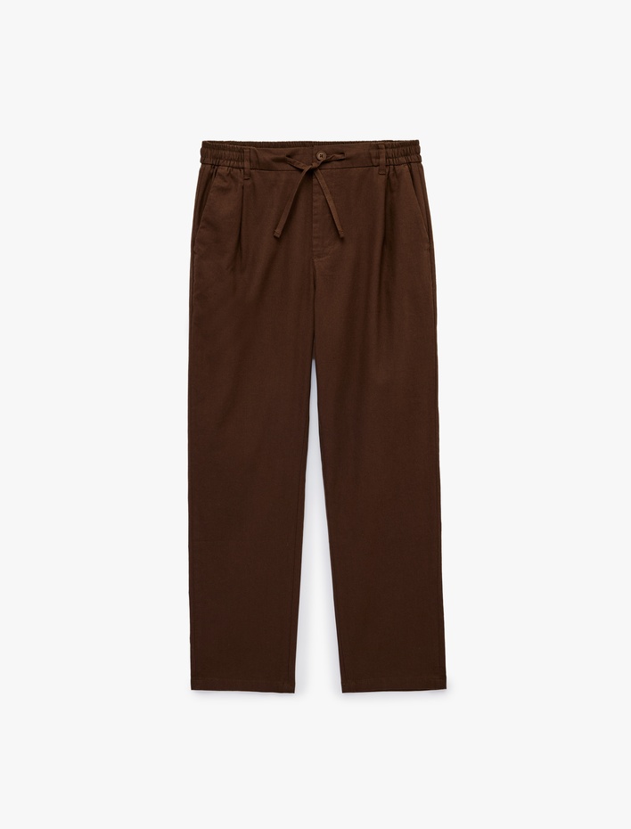  Slim Fit Cepli Pileli Keten Karışımlı Düğmeli Beli Lastikli Bağcıklı Pantolon