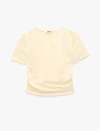 Drape Detaylı Slim Fit Bisiklet Yaka Kısa Kollu Crop Tişört