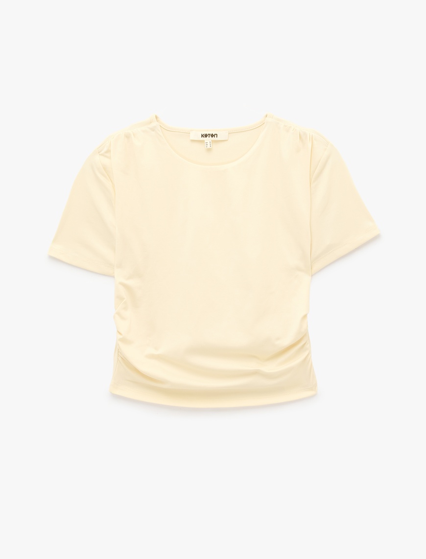 Koton Kadın Drape Detaylı Slim Fit Bisiklet Yaka Kısa Kollu Crop Tişört