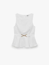 Slim Fit Aksesuarlı Kemer Detaylı Kolsuz Bisiklet Yaka Peplum Bluz