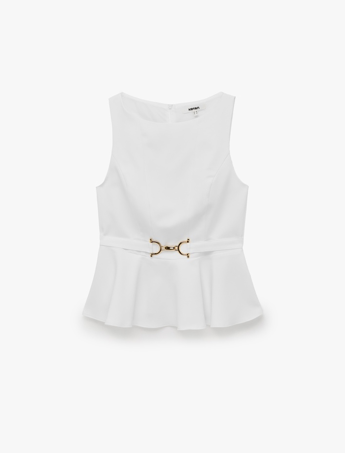  Slim Fit Aksesuarlı Kemer Detaylı Kolsuz Bisiklet Yaka Peplum Bluz