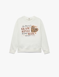 Uzun Kollu Bisiklet Yaka Kalp Baskılı Sweatshirt