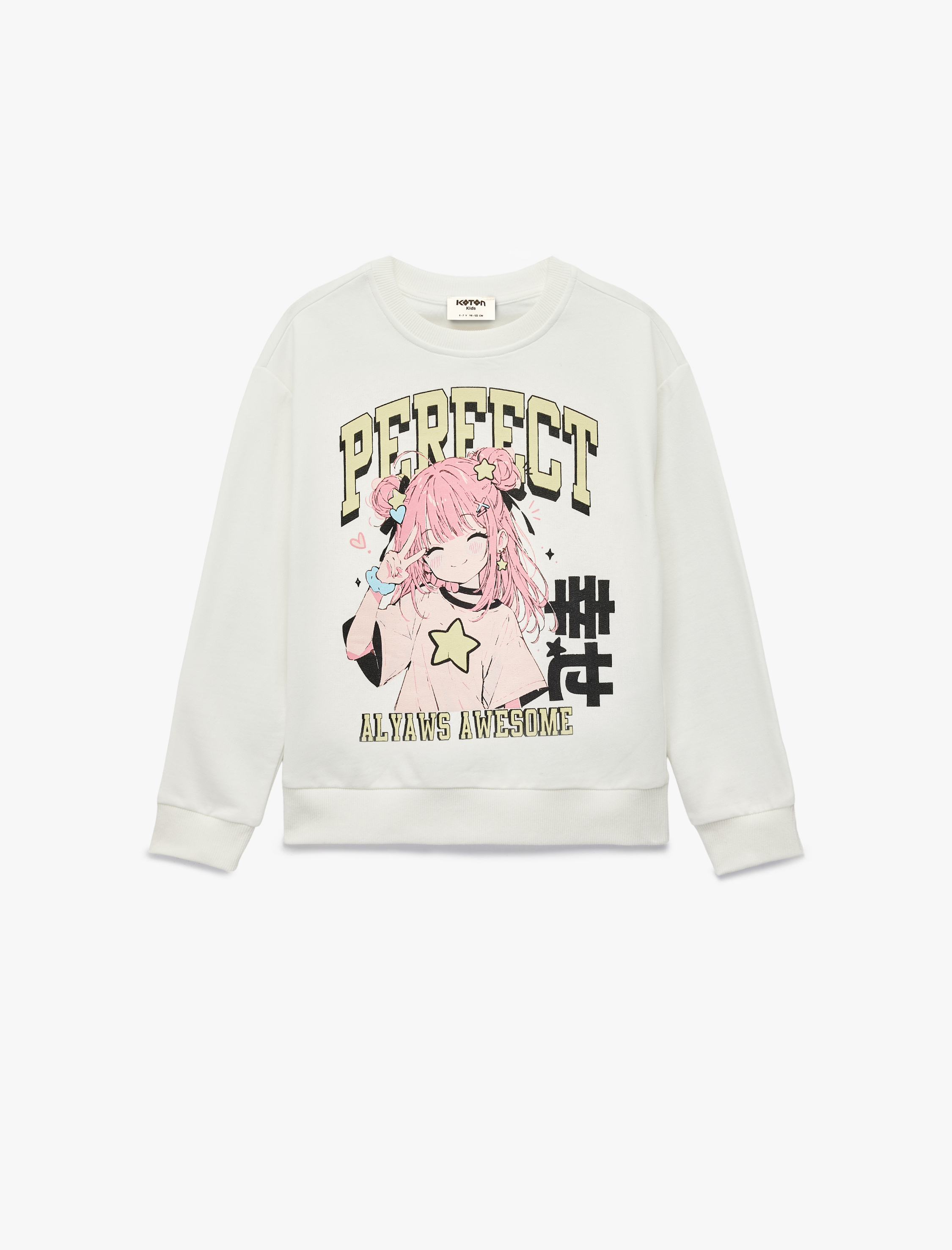  Kız Çocuk Pamuklu Uzun Kollu Bisiklet Yaka Anime Baskılı Sweatshirt