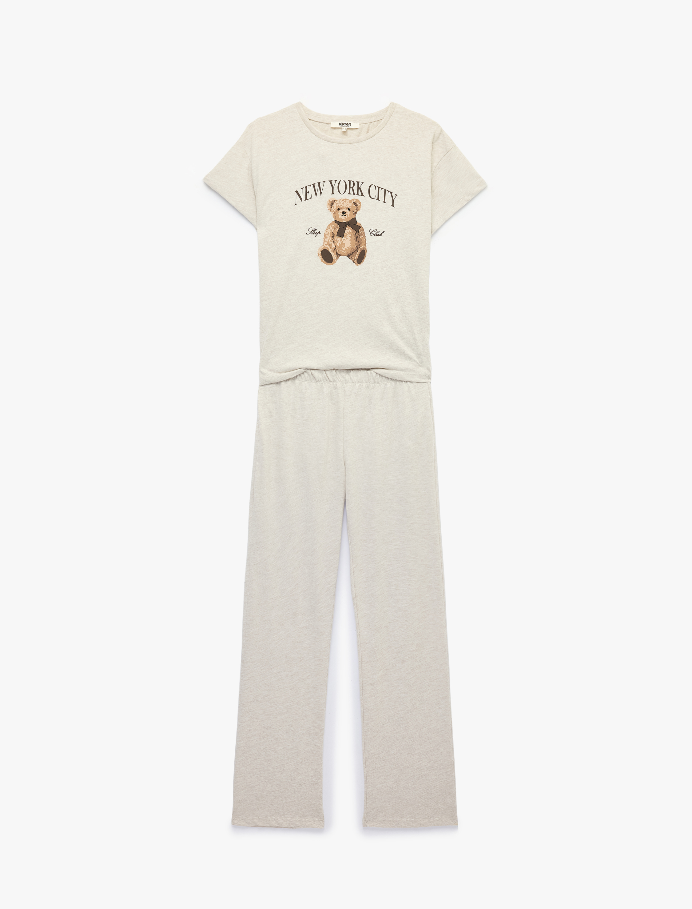  Kısa Kollu Bisiklet Yaka Ayıcık Baskılı Pijama Takımı