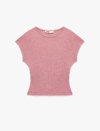 Slim Fit Bisiklet Yaka Kap Kollu Bürümcük Kumaş Dokulu Tişört