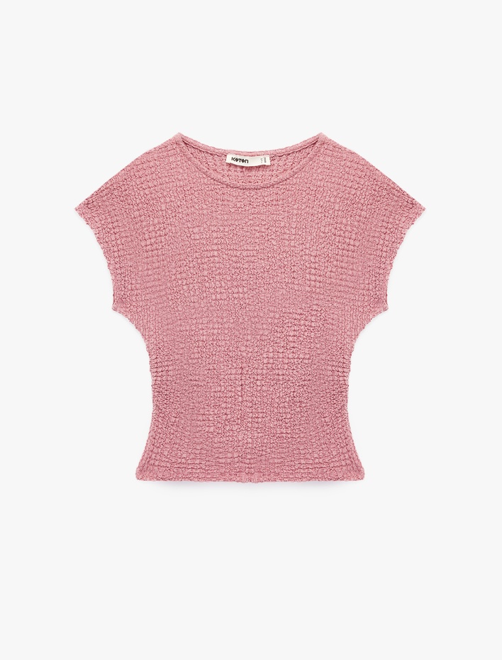  Slim Fit Bisiklet Yaka Kap Kollu Bürümcük Kumaş Dokulu Tişört