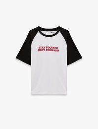 Baskılı Kısa Reglan Kollu Bisiklet Yaka Oversize Spor Tişört