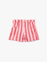 Pamuklu Yüksek Bel Cepli Çizgili Denim Şort