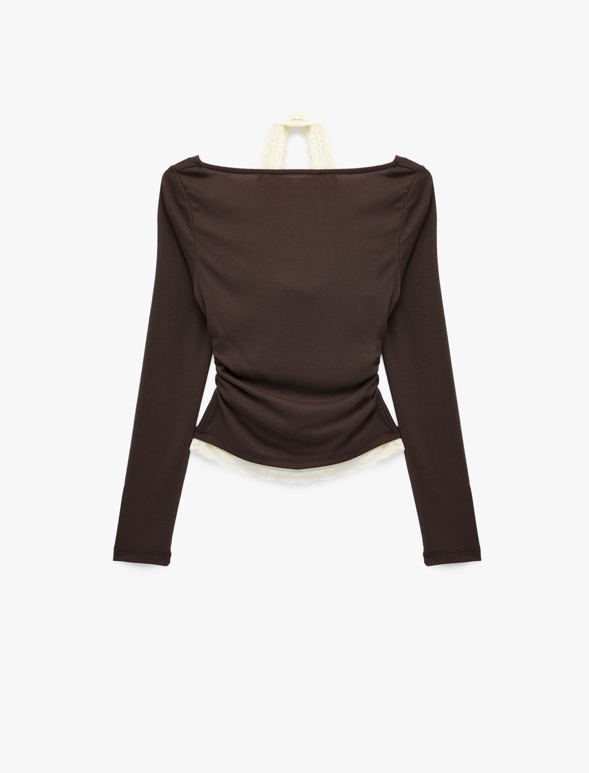   Viskon Karışımlı Slim Fit Uzun Kollu Dantel Detaylı Halter Yaka Tişört