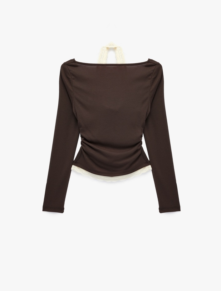  Viskon Karışımlı Slim Fit Uzun Kollu Dantel Detaylı Halter Yaka Tişört