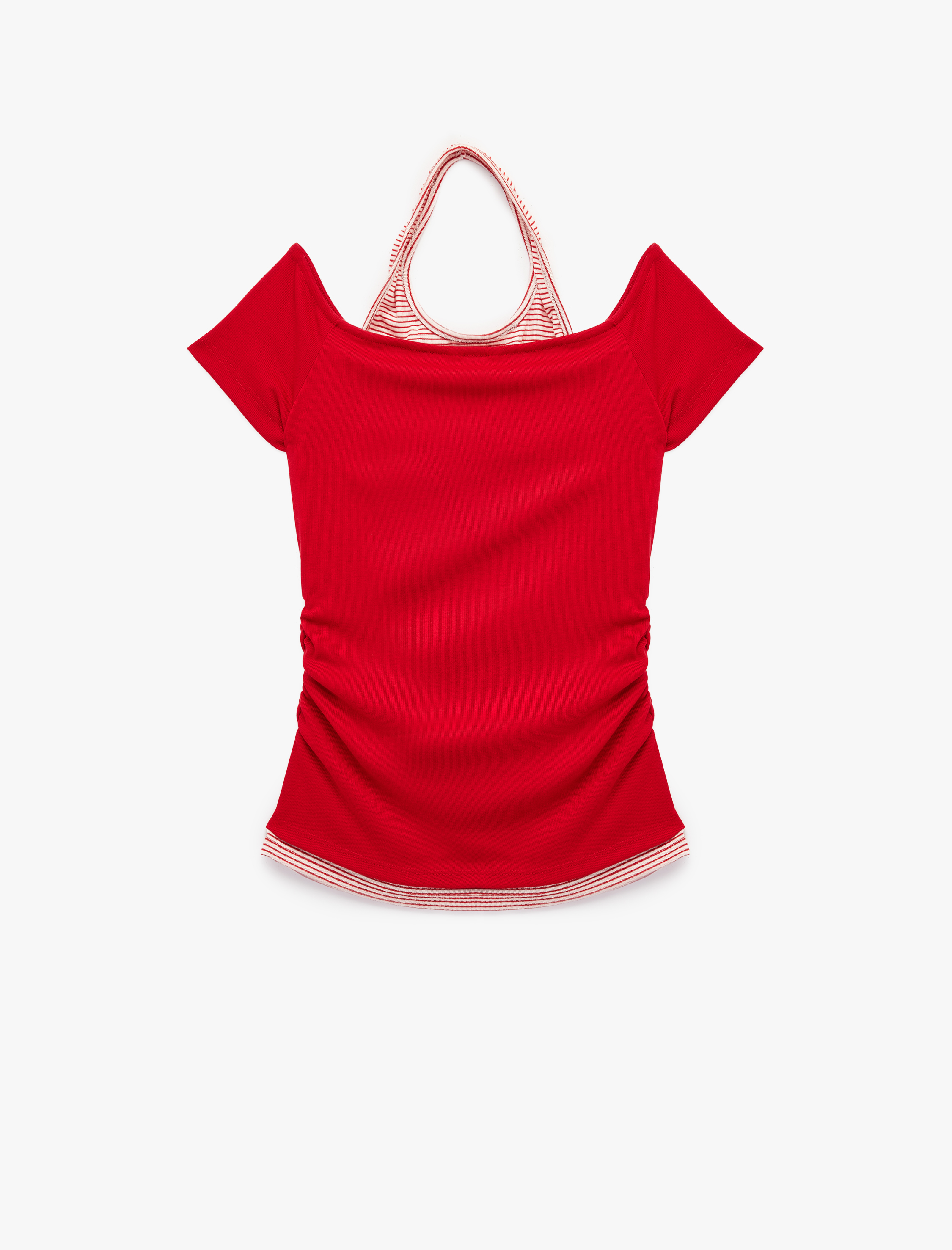  Viskon Slim Fit Omzu Açık Kısa Kollu Halter Yaka Tişört