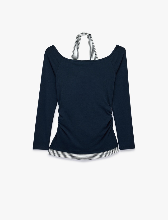  Slim Fit Viskon Karışımlı Halter Yaka Uzun Kollu İkili Tişört