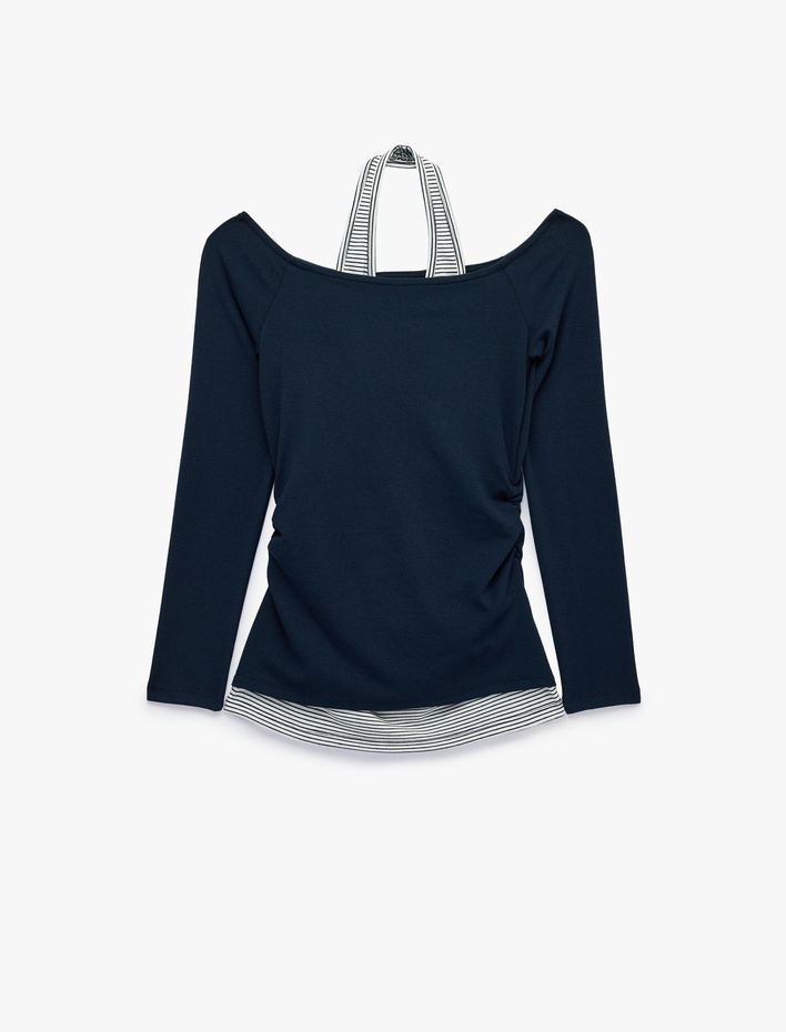  Slim Fit Viskon Karışımlı Halter Yaka Uzun Kollu İkili Tişört