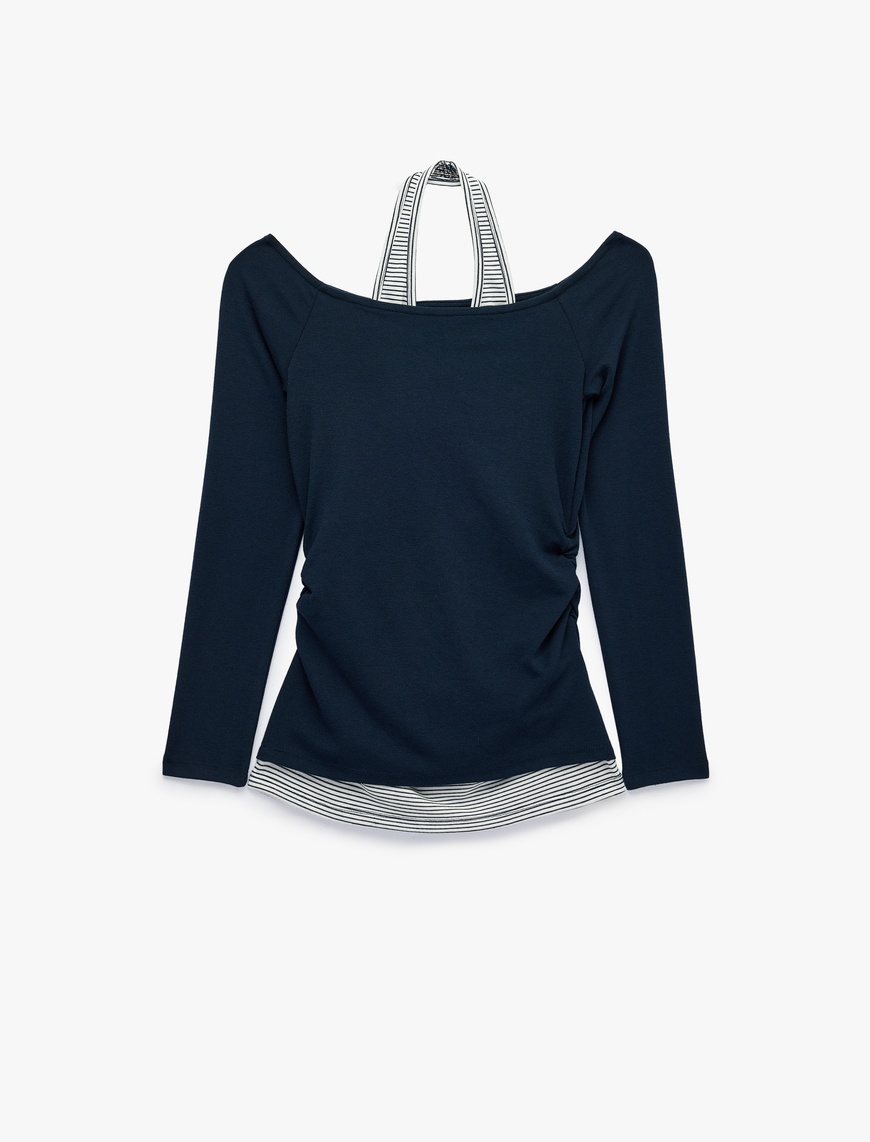 Koton Kadın Slim Fit Viskon Karışımlı Halter Yaka Uzun Kollu İkili Tişört