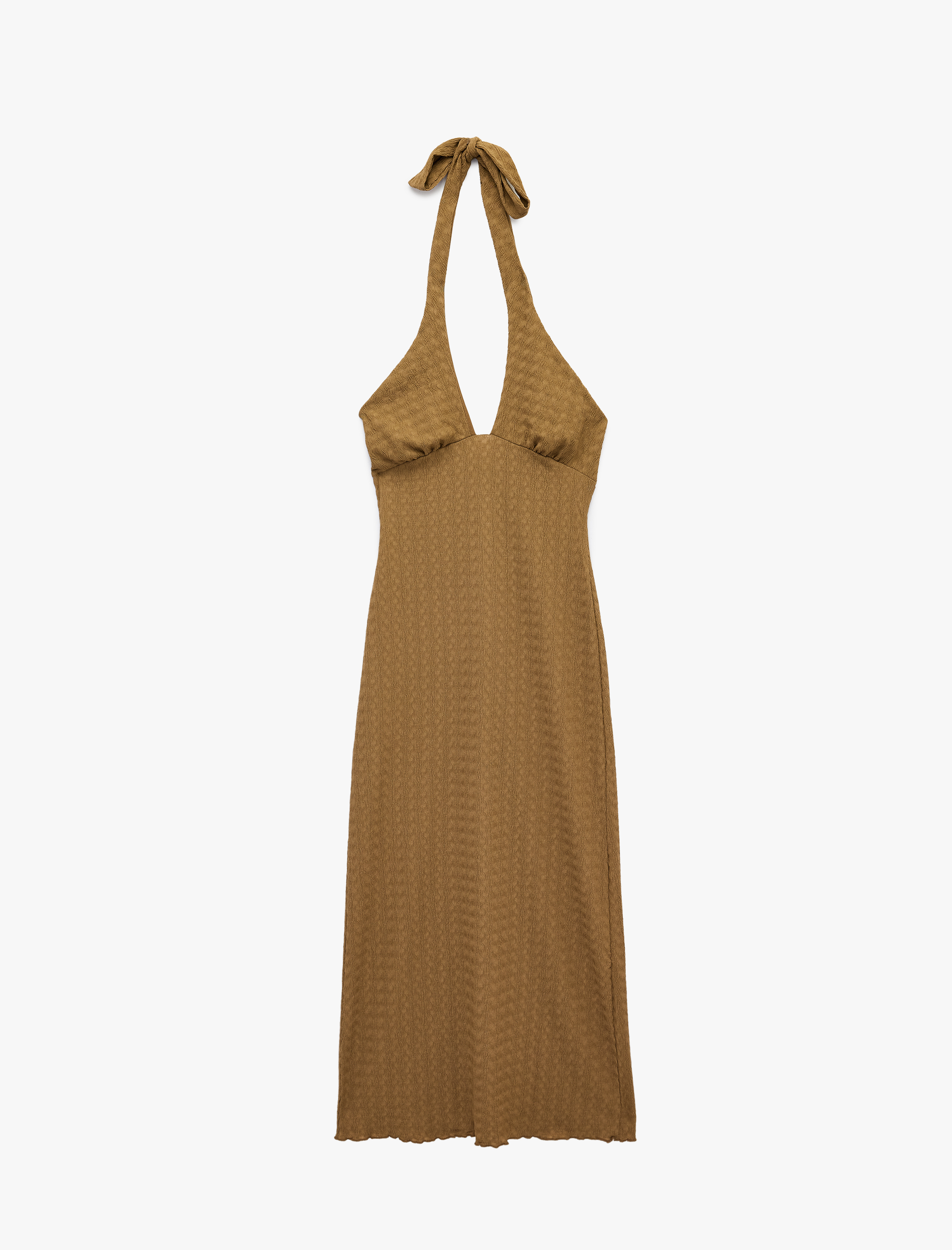   Bürümcük Kumaş Dokulu Slim Fit Boyundan Bağlama Detaylı Derin V Yaka Midi Elbise