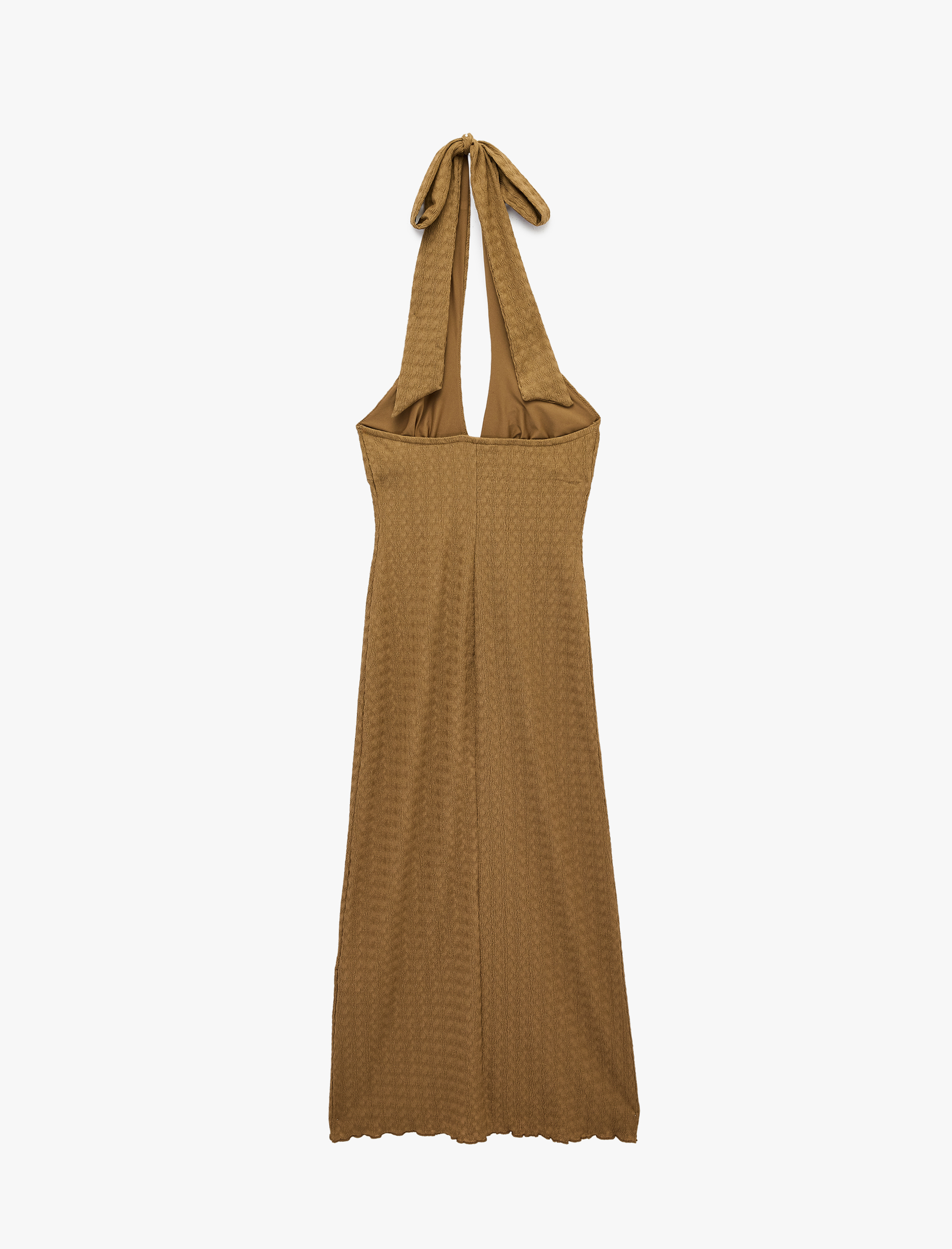   Bürümcük Kumaş Dokulu Slim Fit Boyundan Bağlama Detaylı Derin V Yaka Midi Elbise