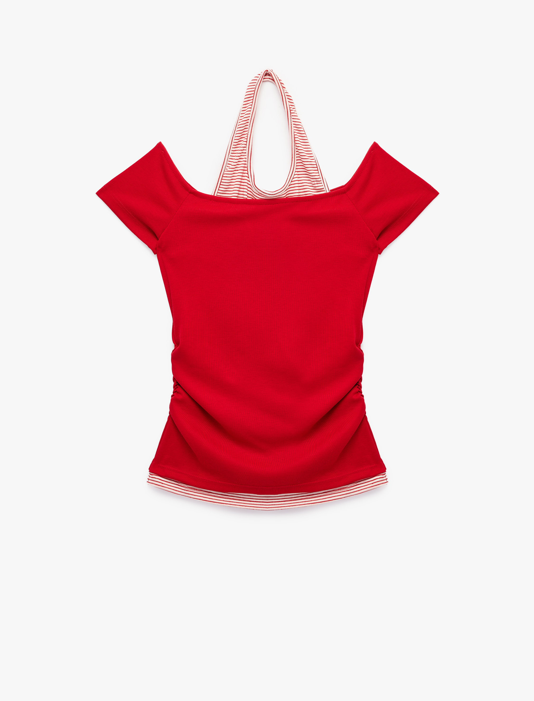   Viskon Slim Fit Omzu Açık Kısa Kollu Halter Yaka Tişört