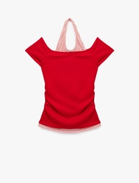 Viskon Slim Fit Omzu Açık Kısa Kollu Halter Yaka Tişört