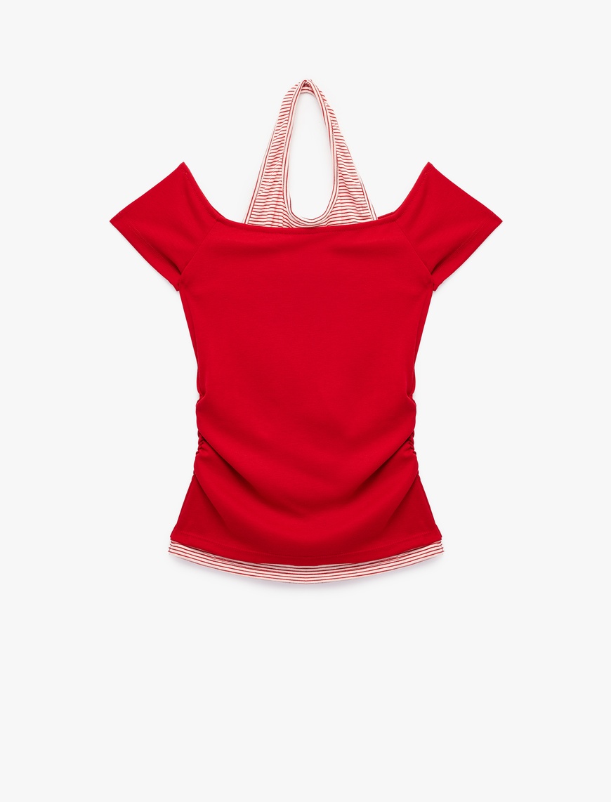 Koton Kadın Viskon Slim Fit Omzu Açık Kısa Kollu Halter Yaka Tişört