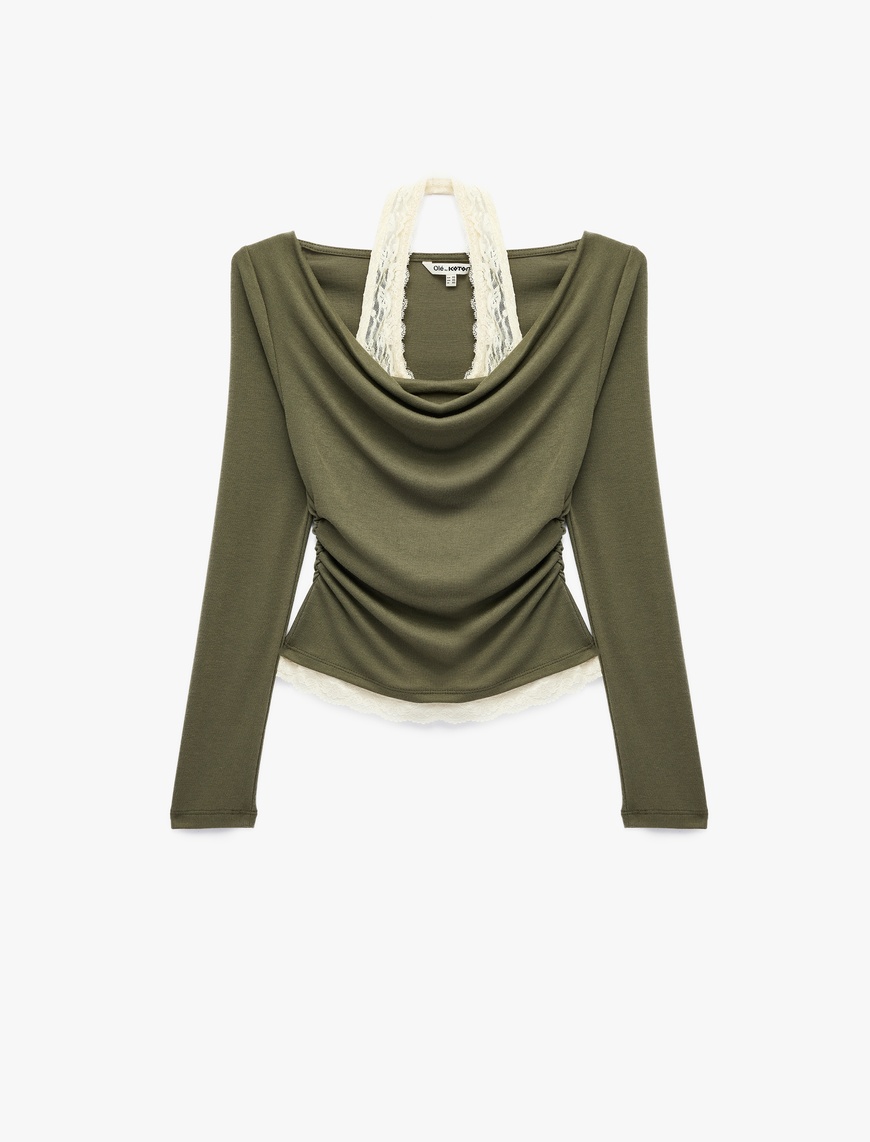 Koton Kadın Viskon Karışımlı Slim Fit Uzun Kollu Dantel Detaylı Halter Yaka Tişört