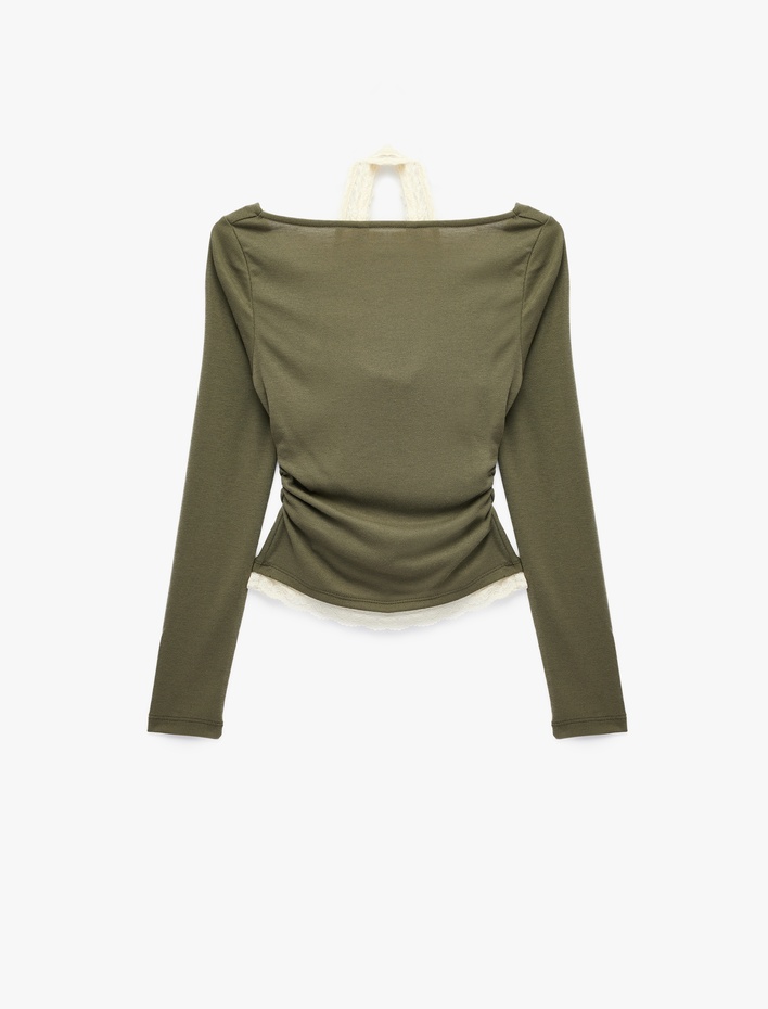  Viskon Karışımlı Slim Fit Uzun Kollu Dantel Detaylı Halter Yaka Tişört