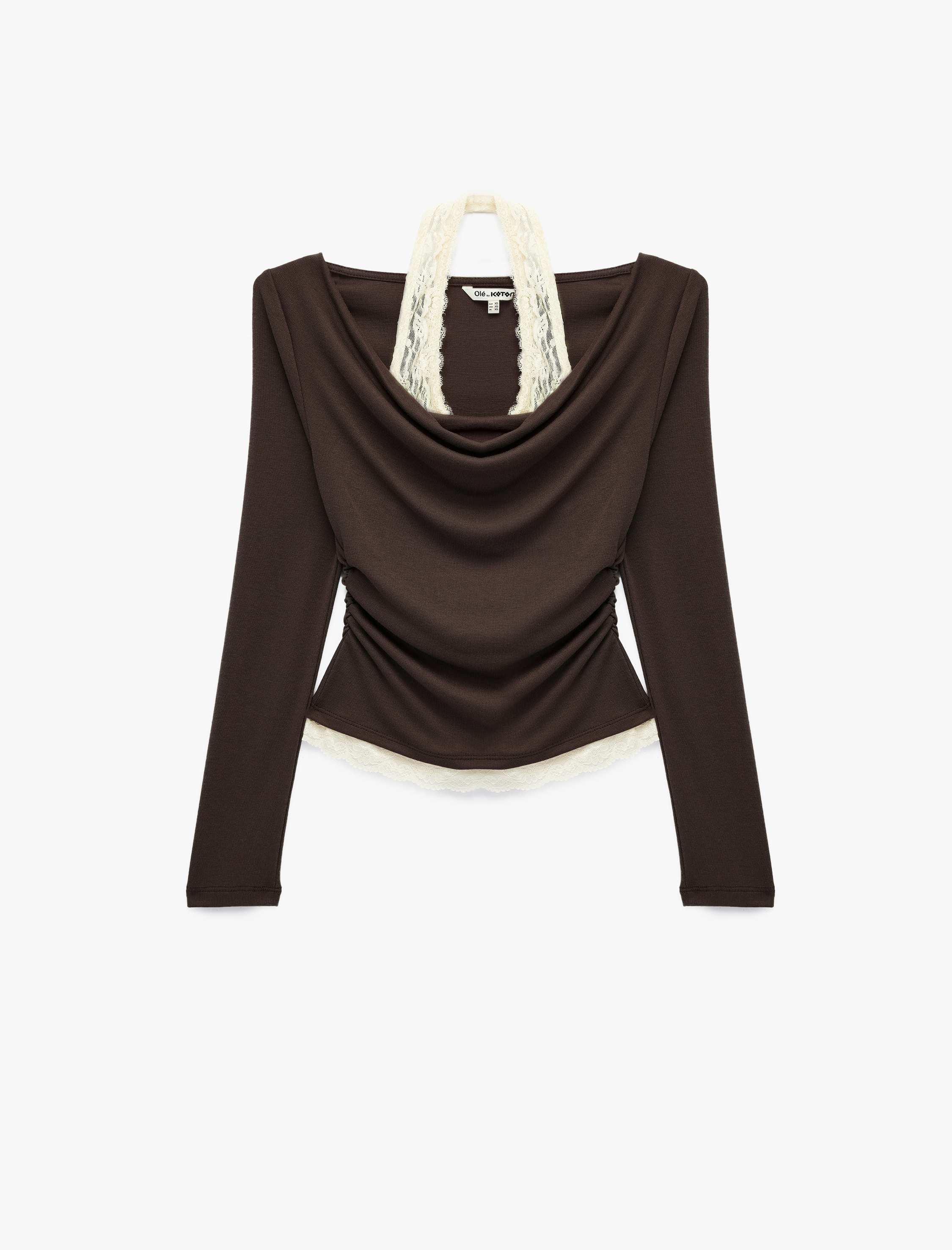   Viskon Karışımlı Slim Fit Uzun Kollu Dantel Detaylı Halter Yaka Tişört