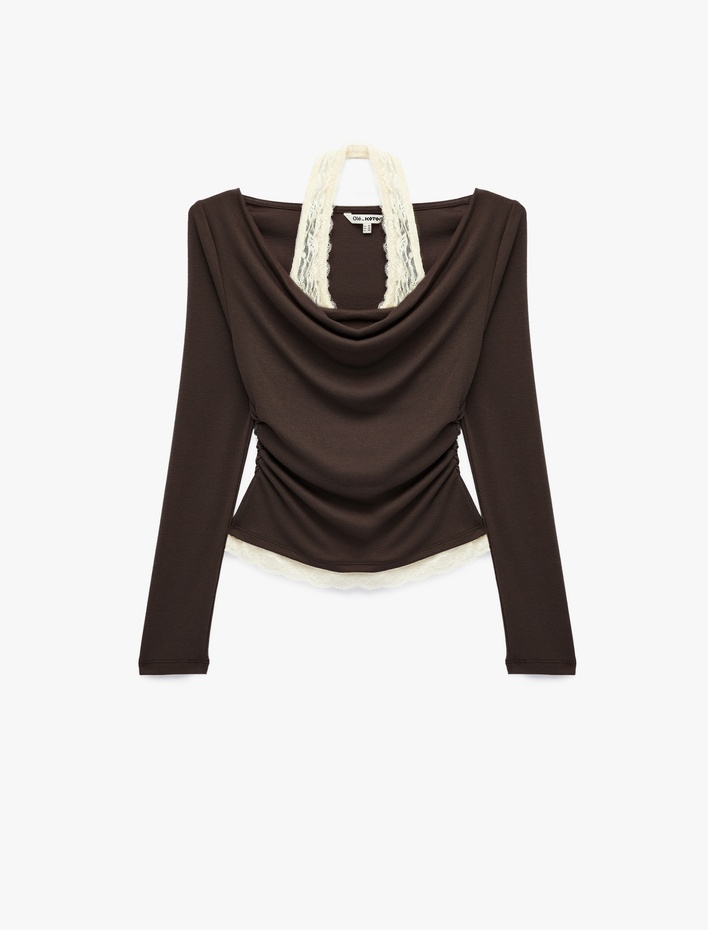  Viskon Karışımlı Slim Fit Uzun Kollu Dantel Detaylı Halter Yaka Tişört