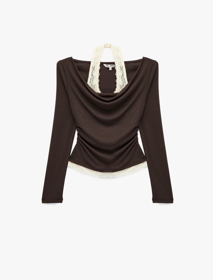 Koton Kadın Viskon Karışımlı Slim Fit Uzun Kollu Dantel Detaylı Halter Yaka Tişört