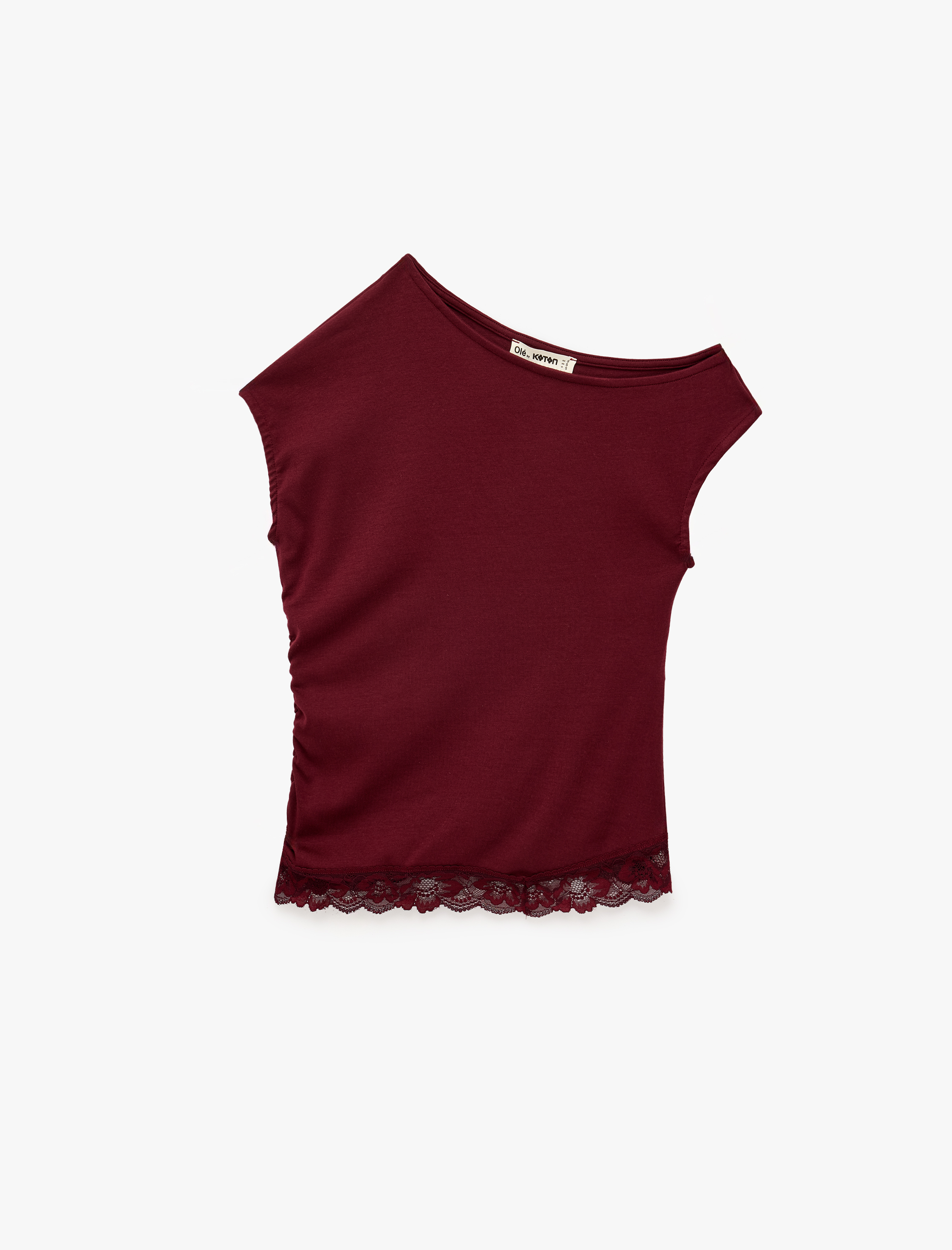   Dantel Detaylı Asimetrik Bisiklet Yaka Slim Fit Kısa Kollu Tişört