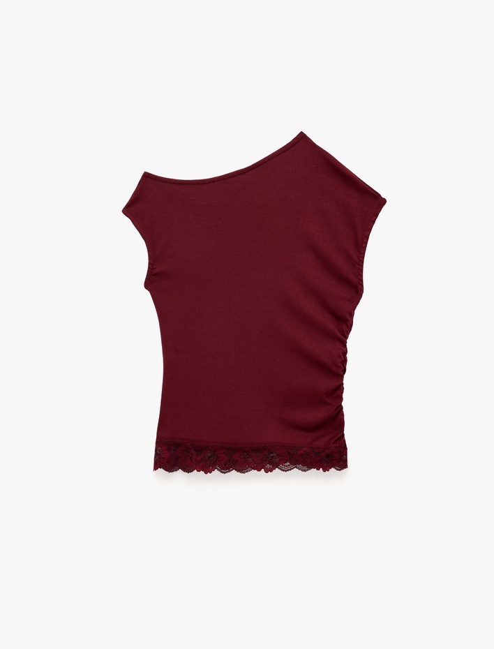  Dantel Detaylı Asimetrik Bisiklet Yaka Slim Fit Kısa Kollu Tişört