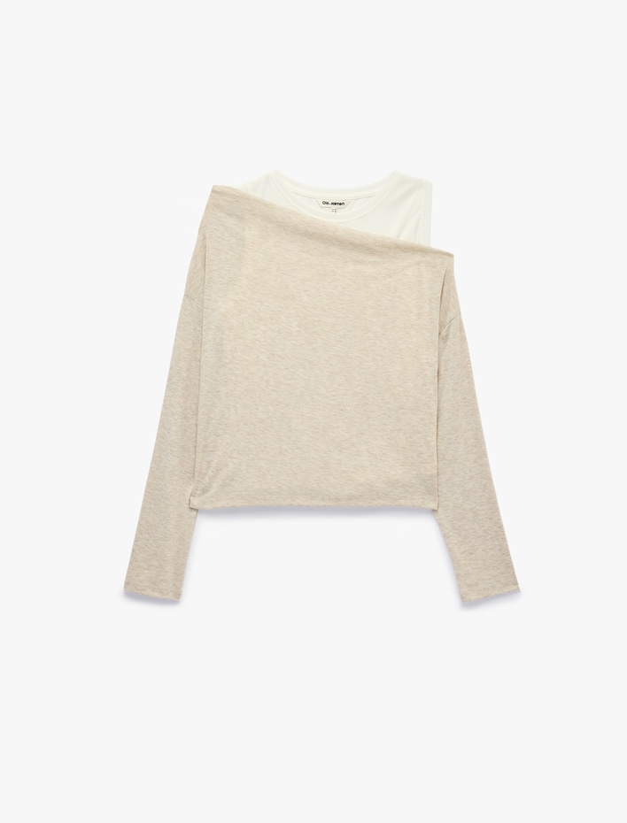  Asimetrik Yaka Uzun Kollu Slim Fit Tişört