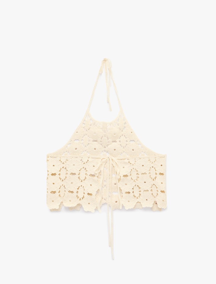  Pamuklu Halter Yaka Brodeli Crop Bluz