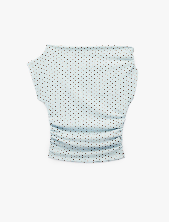  Bürümcük Kumaş Asimetrik Yaka Kısa Kollu Drapeli Slim Fit Puantiyeli Bluz