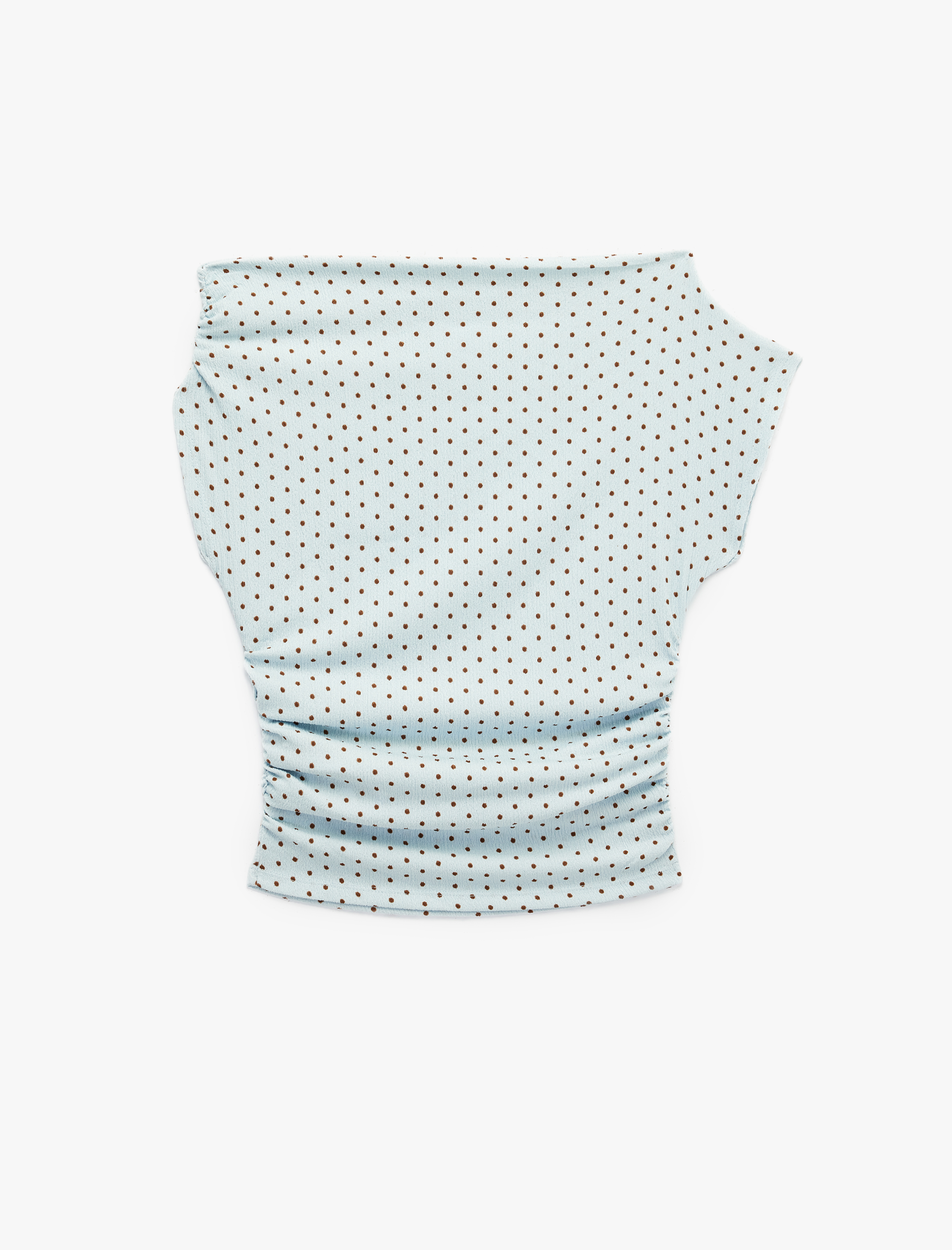   Bürümcük Kumaş Asimetrik Yaka Kısa Kollu Drapeli Slim Fit Puantiyeli Bluz