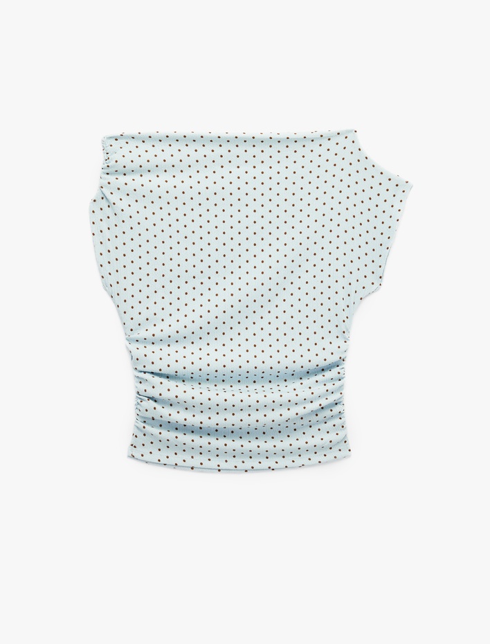  Bürümcük Kumaş Asimetrik Yaka Kısa Kollu Drapeli Slim Fit Puantiyeli Bluz