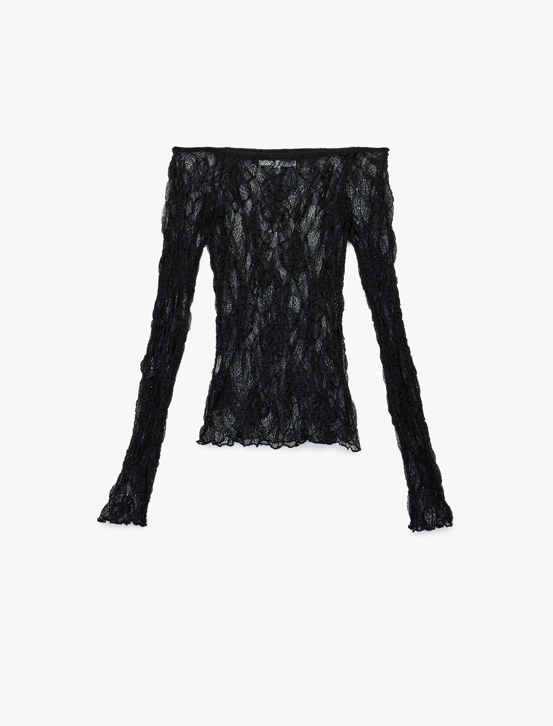   Slim Fit Kayık Yaka Uzun Kollu Transparan Dantel Tişört
