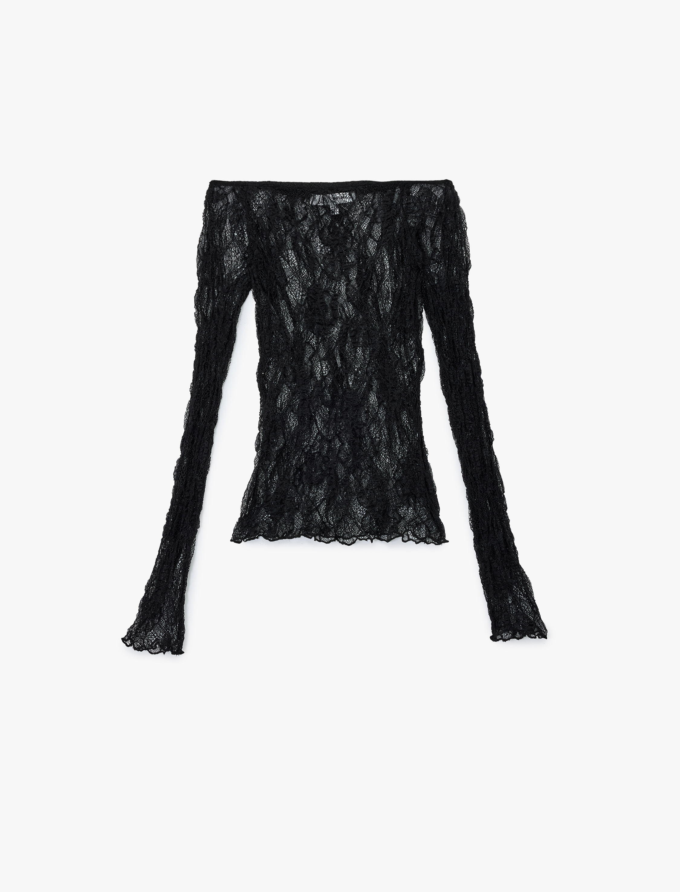   Slim Fit Kayık Yaka Uzun Kollu Transparan Dantel Tişört
